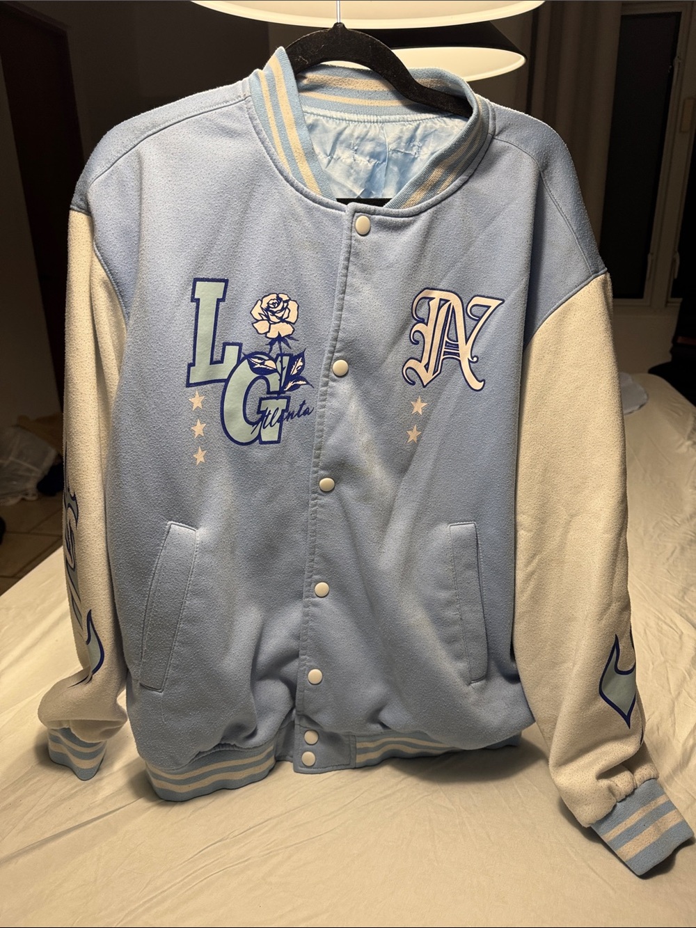 Light Blue & White Varsity Jacket with Floral Lettering